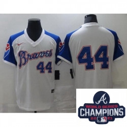 Personalized Men Atlanta Braves 44 Hank Aaron Authentic White Cool Base MLB Stitched MLB 2021 Champions Patch Jersey