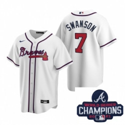 Personalized Men Atlanta Braves 7 Dansby Swanson White Home Stitched Baseball Stitched MLB 2021 Champions Patch Jersey