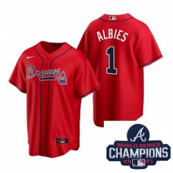 Personalized Men Atlanta Braves 1 Ozzie Albies Red Alternate Stitched Baseball Stitched MLB 2021 Champions Patch Jersey