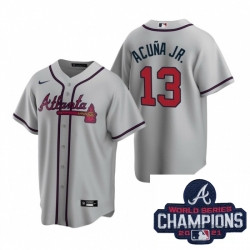 Personalized Men Atlanta Braves 13 Ronald Acuna Jr Gray Road Stitched Baseball Stitched MLB 2021 Champions Patch Jersey