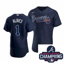 Personalized Men Atlanta Braves 1 Ozzie Albies Navy Blue Home Stitched Baseball Stitched MLB 2021 Champions Patch Jersey