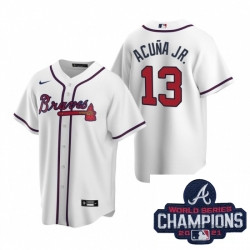 Personalized Men Atlanta Braves 13 Ronald Acuna Jr White Home Stitched Baseball Stitched MLB 2021 Champions Patch Jersey