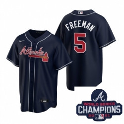 Personalized Men Atlanta Braves 5 Freddie Freeman Navy Alternate Stitched Baseball Stitched MLB 2021 Champions Patch Jersey