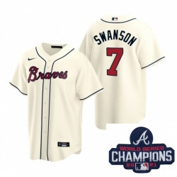 Personalized Men Atlanta Braves 7 Dansby Swanson Cream Alternate Stitched Baseball Stitched MLB 2021 Champions Patch Jersey