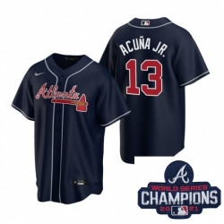 Personalized Men Atlanta Braves 13 Ronald Acuna Jr Navy Alternate Stitched Baseball Stitched MLB 2021 Champions Patch Jersey