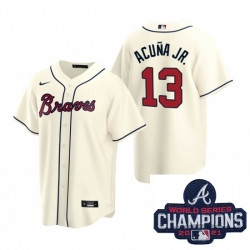 Personalized Men Atlanta Braves 13 Ronald Acuna Jr Cream Alternate Stitched Baseball Stitched MLB 2021 Champions Patch Jersey