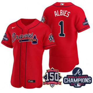 Personalized Men’s Red Atlanta Braves #1 Ozzie Albies 2021 World Series Champions With 150th Anniversary Flex Base Stitched Jersey