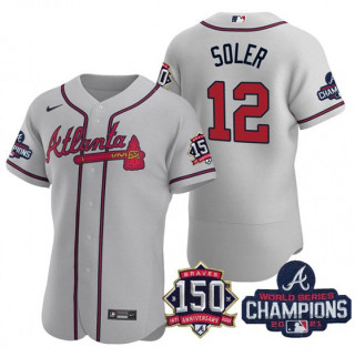 Personalized Men’s Grey Atlanta Braves #12 Jorge Soler 2021 World Series Champions With 150th Anniversary Flex Base Stitched Jersey