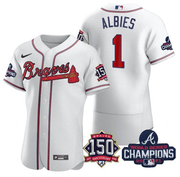 Personalized Men’s Atlanta Braves #1 Ozzie Albies 2021 White World Series Champions With 150th Anniversary Flex Base Stitched Jersey