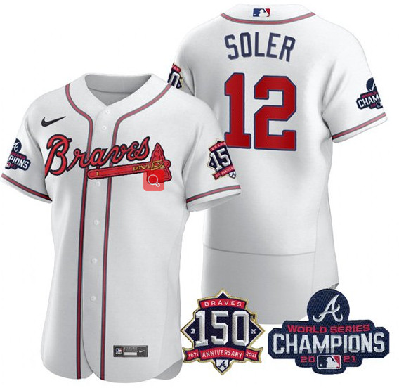 Personalized Men’s Atlanta Braves #12 Jorge Soler 2021 White World Series Champions With 150th Anniversary Flex Base Stitched Jersey