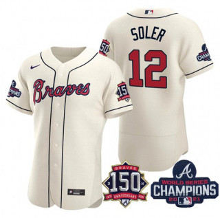 Personalized Men’s Cream Atlanta Braves #12 Jorge Soler 2021 World Series Champions With 150th Anniversary Flex Base Stitched Jersey