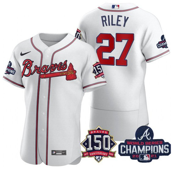 Personalized Men’s Atlanta Braves #27 Austin Riley 2021 White World Series Champions With 150th Anniversary Flex Base Stitched Jersey
