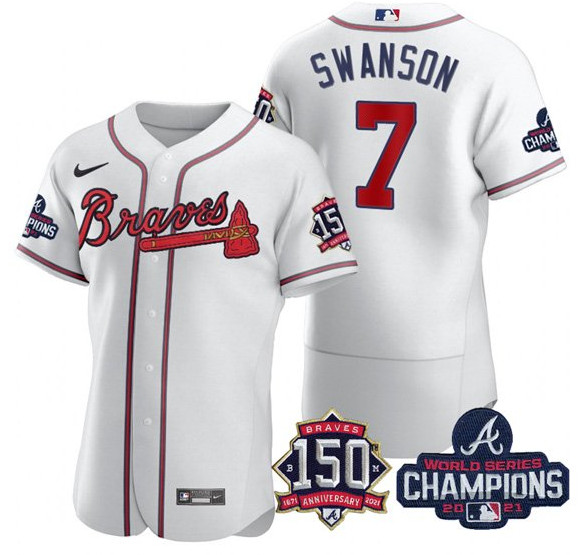 Personalized Men’s Atlanta Braves #7 Dansby Swanson 2021 White World Series Champions With 150th Anniversary Flex Base Stitched Jersey