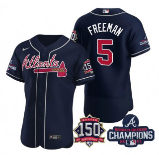 Personalized Men’s Navy Atlanta Braves #5 Freddie Freeman 2021 World Series Champions With 150th Anniversary Flex Base Stitched Jersey
