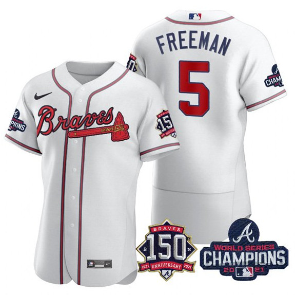 Personalized Men’s Atlanta Braves #5 Freddie Freeman 2021 White World Series Champions With 150th Anniversary Flex Base Stitched Jersey