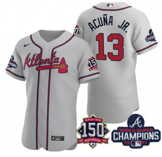 Personalized Men’s Grey Atlanta Braves #13 Ronald Acuna Jr. 2021 World Series Champions With 150th Anniversary Flex Base Stitched Jersey