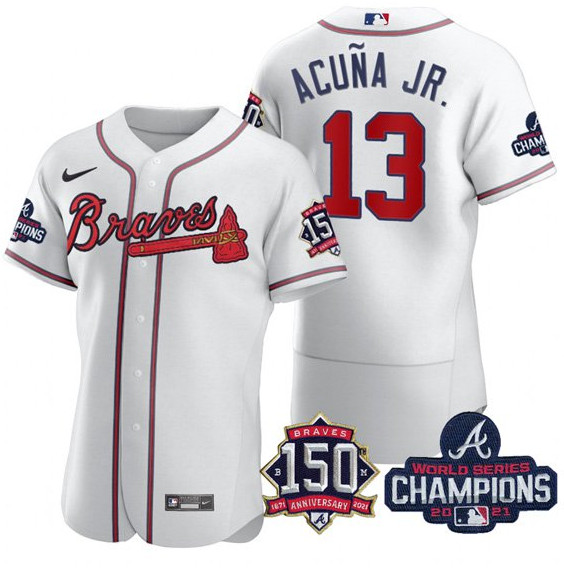 Personalized Men’s Atlanta Braves #13 Ronald Acuna Jr. 2021 White World Series Champions With 150th Anniversary Flex Base Stitched Jersey
