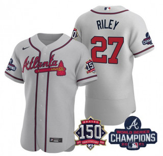 Personalized Men’s Grey Atlanta Braves #27 Austin Riley Swanson 2021 World Series Champions With 150th Anniversary Flex Base Stitched Jersey