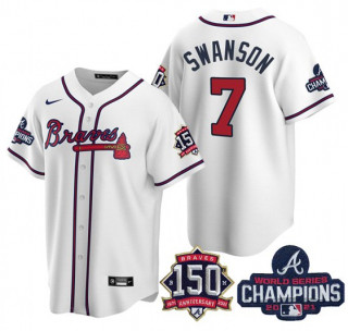 Personalized Men’s White Atlanta Braves #7 Dansby Swanson 2021 World Series Champions With 150th Anniversary Patch Cool Base Stitched Jersey