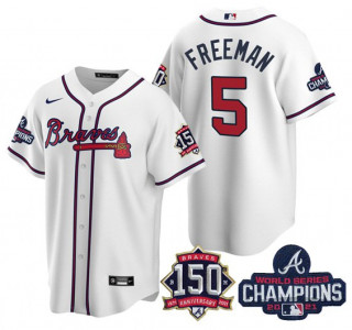 Personalized Men’s White Atlanta Braves #5 Freddie Freeman 2021 World Series Champions With 150th Anniversary Patch Cool Base Stitched Jersey