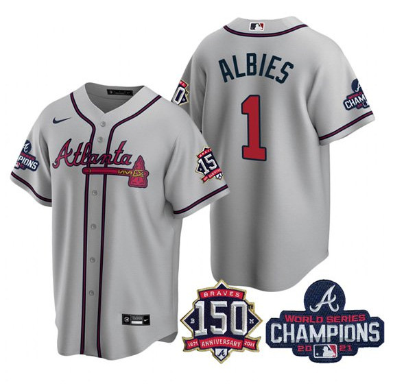 Personalized Atlanta Braves #1 Ozzie Albies 2021 Grey World Series Champions With 150th Anniversary Patch Cool Base Stitched Jersey(Run Small)