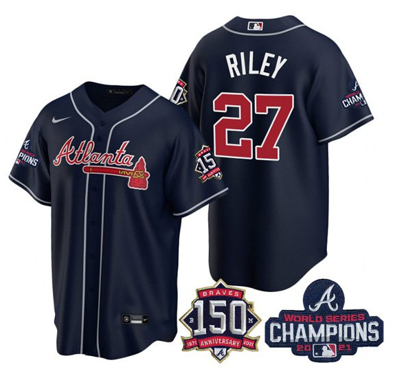 Personalized Atlanta Braves #27 Austin Riley 2021 Navy World Series Champions With 150th Anniversary Patch Cool Base Stitched Jersey(Run Small)