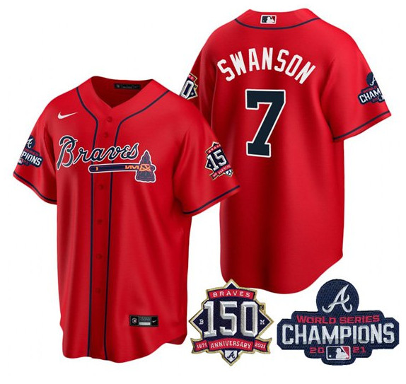 Personalized Atlanta Braves #7 Dansby Swanson 2021 Red World Series Champions With 150th Anniversary Patch Cool Base Stitched Jersey(Run Small)
