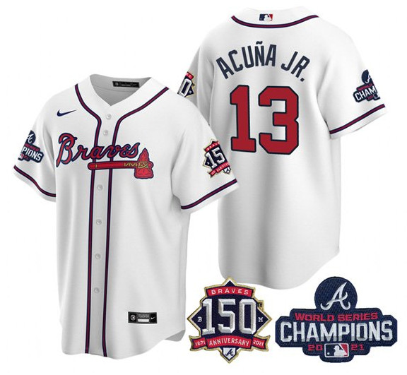 Personalized Men’s Atlanta Braves #13 Ronald Acuna Jr. 2021 White World Series Champions With 150th Anniversary Patch Cool Base Stitched Jersey