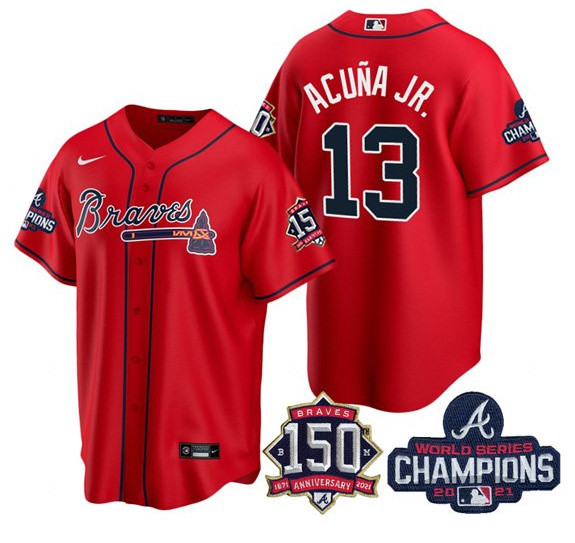 Personalized Atlanta Braves #13 Ronald Acuna Jr 2021 Red World Series Champions With 150th Anniversary Patch Cool Base Stitched Jersey(Run Small)