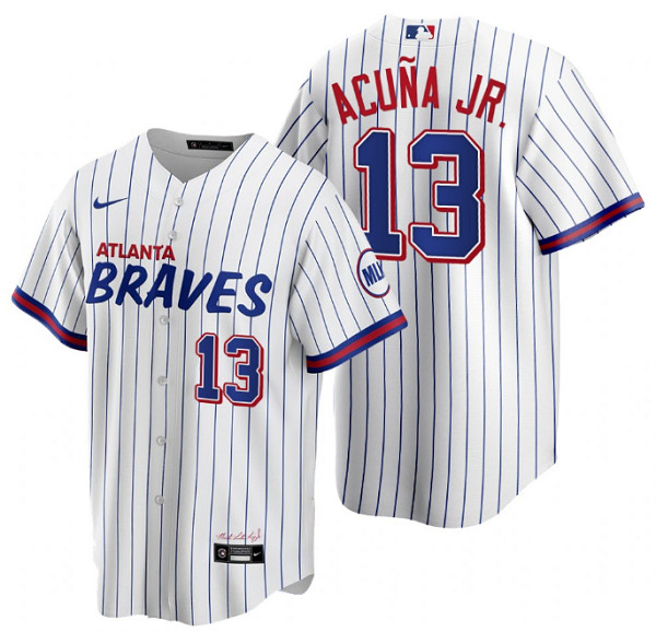 Personalized Men’s Atlanta Braves #13 Ronald Acuna Jr. 2021 White City Connect Stitched Jersey
