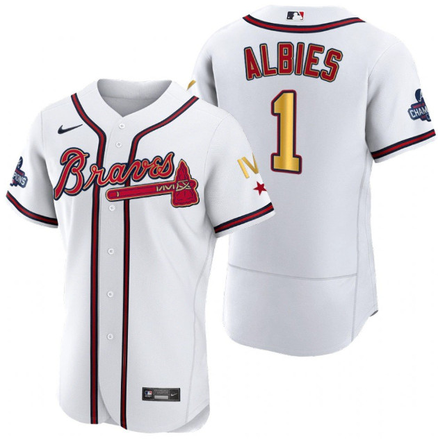 Personalized Men’s Atlanta Braves #1 Ozzie Albies White Gold World Series Champions Flex Base Stitched Jersey