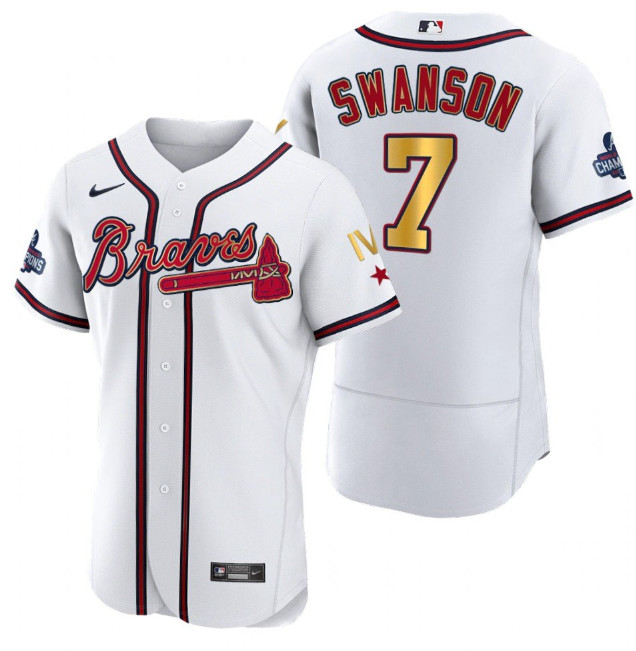 Personalized Men’s Atlanta Braves #7 Dansby Swanson White Gold World Series Champions Flex Base Stitched Jersey