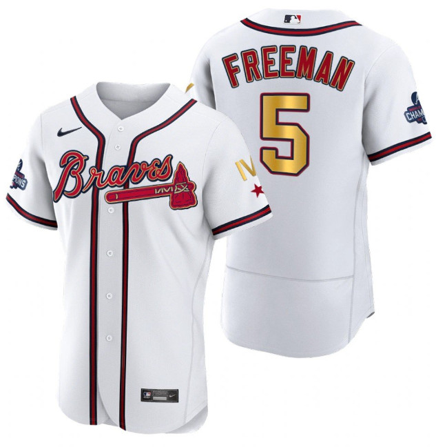 Personalized Men’s Atlanta Braves #5 Freddie Freeman White Gold World Series Champions Flex Base Stitched Jersey