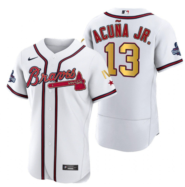 Personalized Men’s Atlanta Braves #13 Ronald Acuna Jr. White Gold World Series Champions Flex Base Stitched Jersey