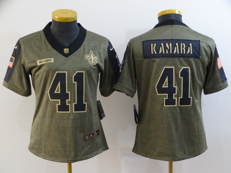 Personalized Women’s New Orleans Saints #41 Alvin Kamara 2021 Olive Salute To Service Limited Stitched Jersey(Run Small)