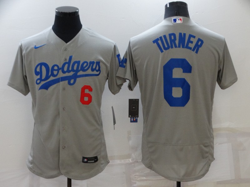 Personalized Men’s Los Angeles Dodgers #6 Trea Turner Grey Flex Base Stitched Jersey