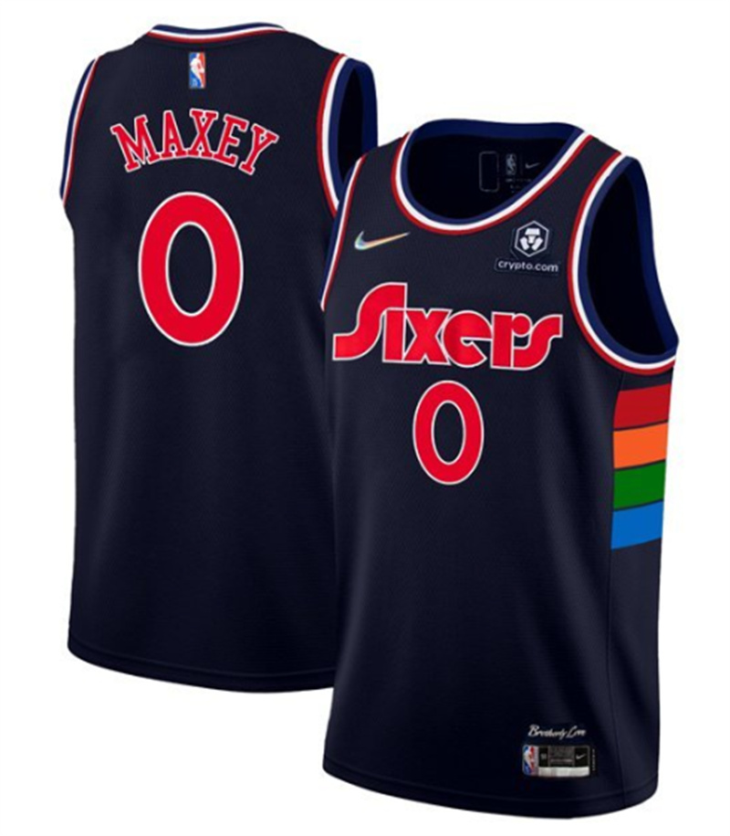 Personalized Men’s Philadelphia 76ers #0 Tyrese Maxey Navy Icon Edition 75th Anniversary Stitched Swingman Jersey