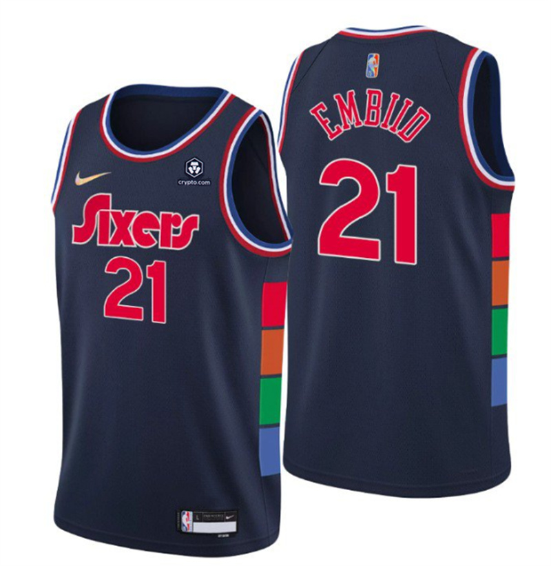 Personalized Men’s Philadelphia 76ers #21 Joel Embiid Navy Icon Edition 75th Anniversary Stitched Swingman Jersey
