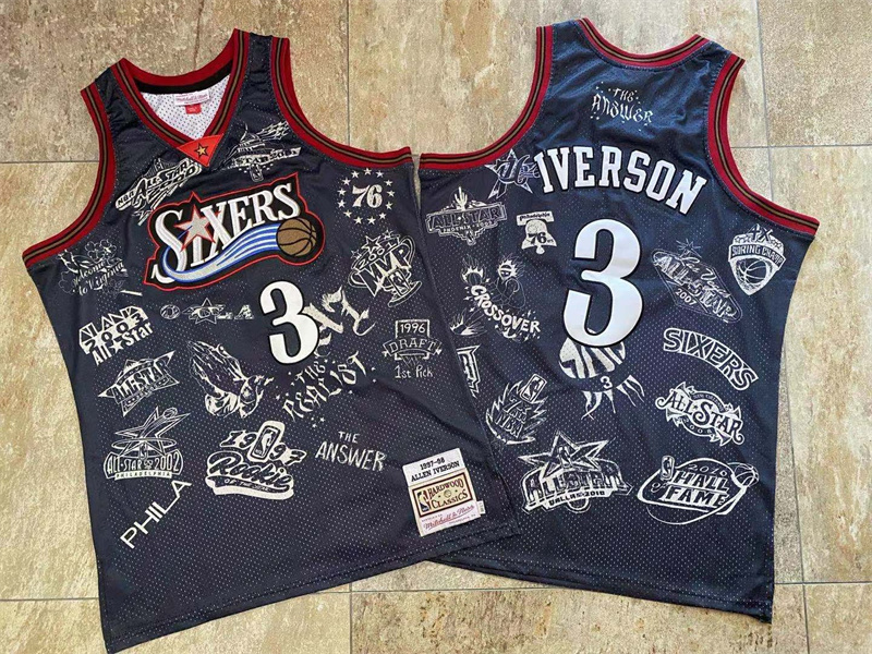 Personalized 76ers 3 Allen Iverson Black 1997-98 Hardwood Classics Jersey