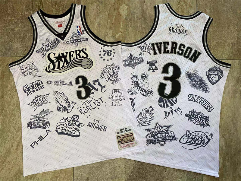 Personalized 76ers 3 Allen Iverson White 1997-98 Hardwood Classics Jersey