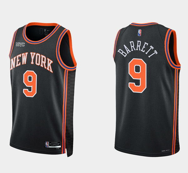 Personalized New Yok Knicks #9 Rj Barrett Black 75th Anniversary Stitched Swingman Basketball Jersey