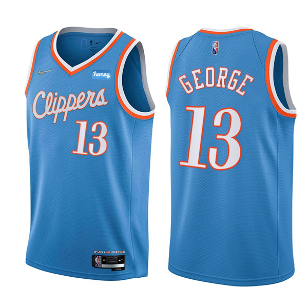 Personalized Men’s Los Angeles Clippers #13 Paul George 2021 22 City Edition Light Blue 75th Anniversary Stitched Basketball Jersey