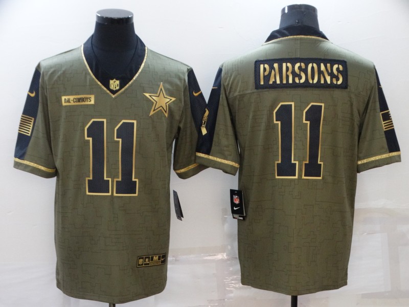 Personalized Men’s Dallas Cowboys #11 Micah Parsons 2021 Olive Salute To Service Golden Limited Stitched Jersey