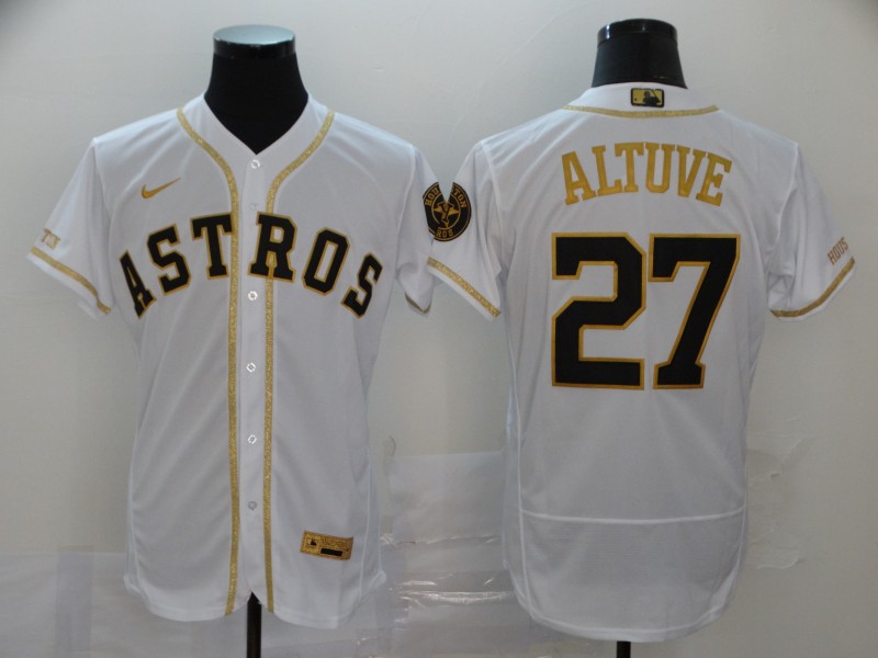 Personalized Men’s Houston Astros #27 Jose Altuve 2020 White Golden Flex Base Stitched MLB Jersey
