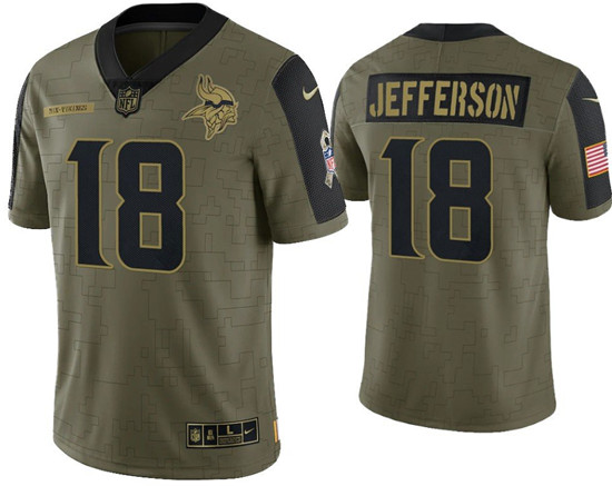 Personalized Men’s Minnesota Vikings #18 Justin Jefferson 2021 Olive Salute To Service Limited Stitched Jersey