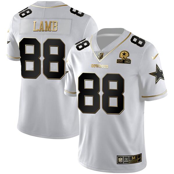 Personalized Men’s Dallas Cowboys #88 CeeDee Lamb White Golden Edition With 1960 Patch Limited Stitched Jersey