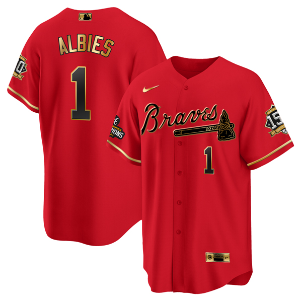 Personalized Men’s Atlanta Braves #1 Ozzie Albies 2021 Red Gold World Series Champions With 150th Anniversary Patch Cool Base Stitched Jersey