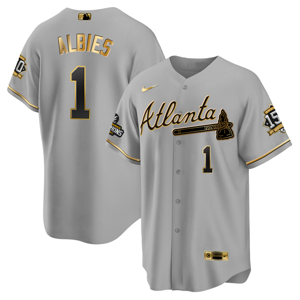 Personalized Men’s Atlanta Braves #1 Ozzie Albies 2021 Grey Gold World Series Champions With 150th Anniversary Patch Cool Base Stitched Jersey