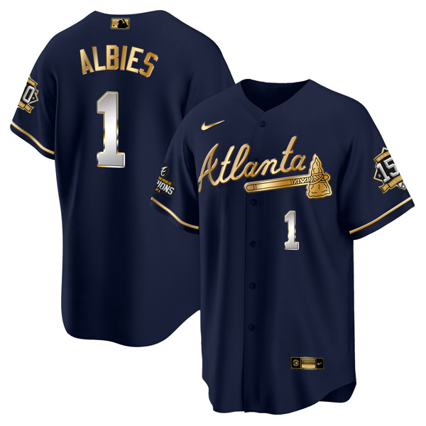 Personalized Men’s Atlanta Braves #1 Ozzie Albies 2021 Navy Gold World Series Champions With 150th Anniversary Patch Cool Base Stitched Jersey