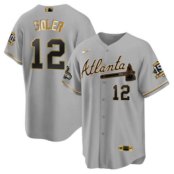 Personalized Men’s Atlanta Braves #12 Jorge Soler 2021 Grey Gold World Series Champions With 150th Anniversary Patch Cool Base Stitched Jersey
